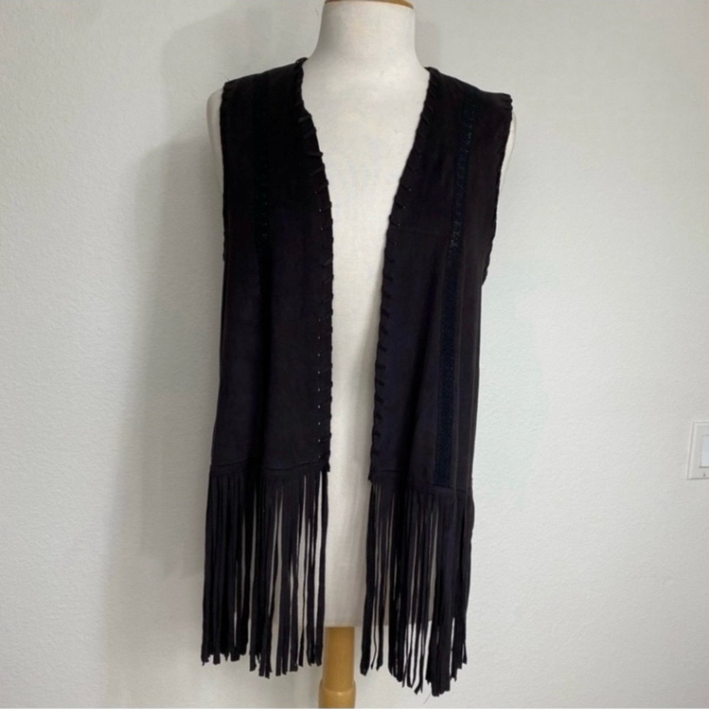 Zara Trafaluc Women's Black Faux Suede Fringe Long Vest Size Medium Boho Western